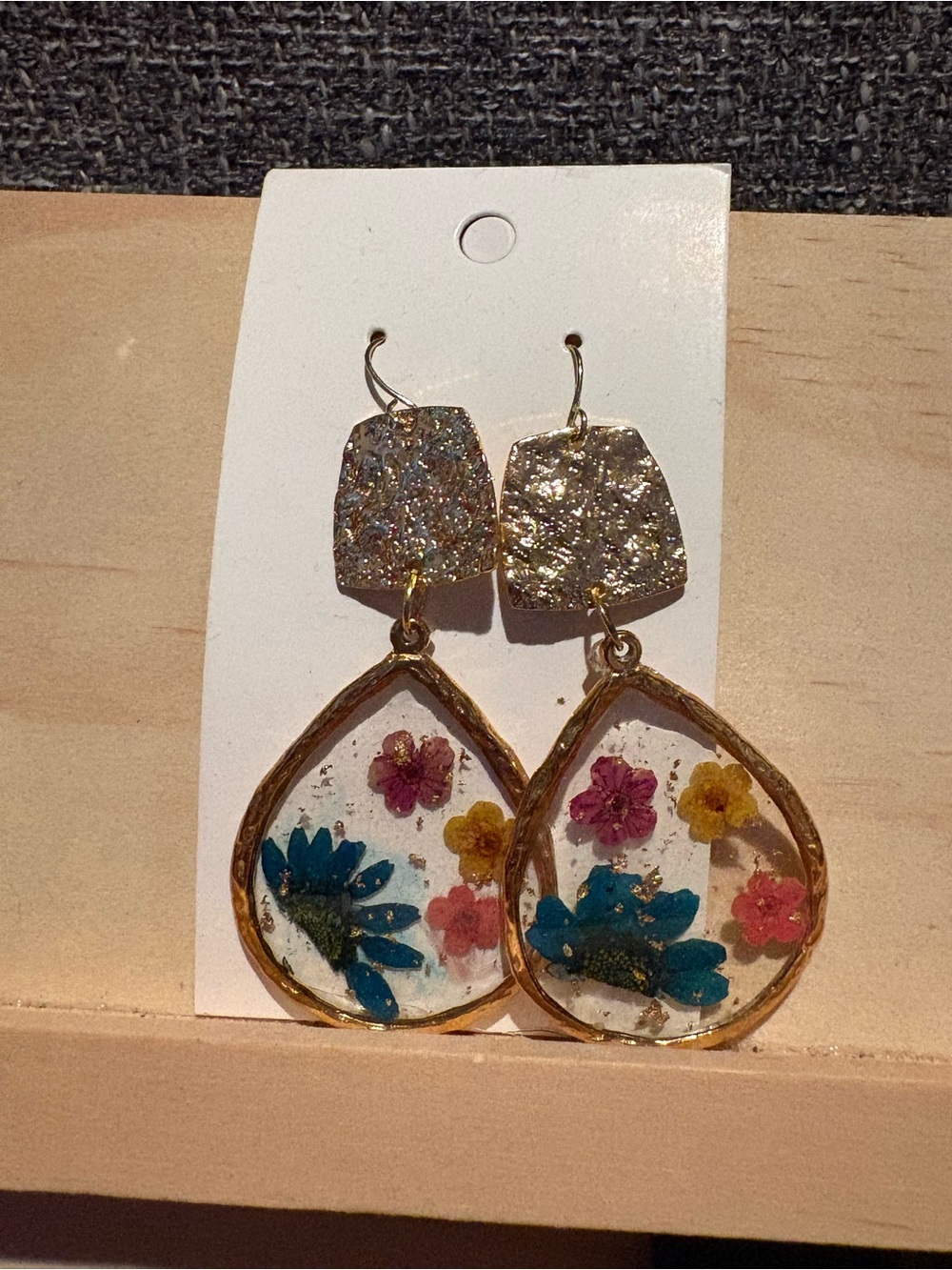 Handmade Floral Resin Teardrop Earrings with Gold Accents - Blue & Pink